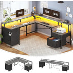 L Shaped Home Office Desk with 6 Drawer File Drawer Power Outlet