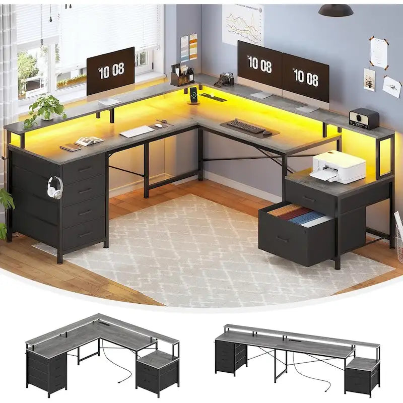 L Shaped Home Office Desk with 6 Drawer File Drawer Power Outlet