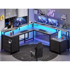 L Shaped Home Office Desk with 6 Drawer File Drawer Power Outlet