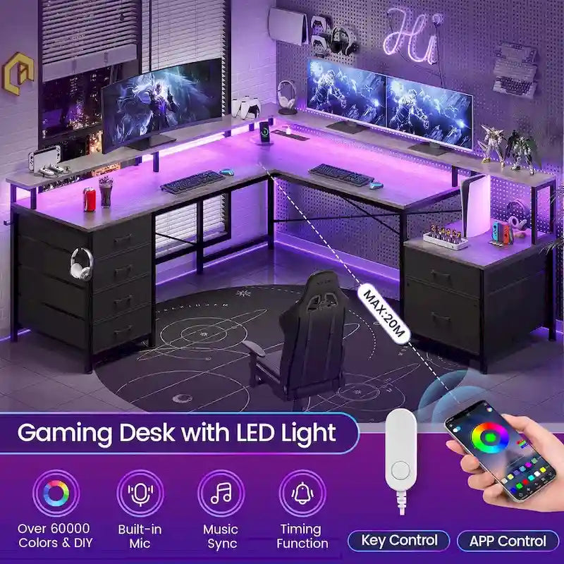 L Shaped Home Office Desk with 6 Drawer File Drawer Power Outlet