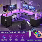 L Shaped Home Office Desk with 6 Drawer File Drawer Power Outlet