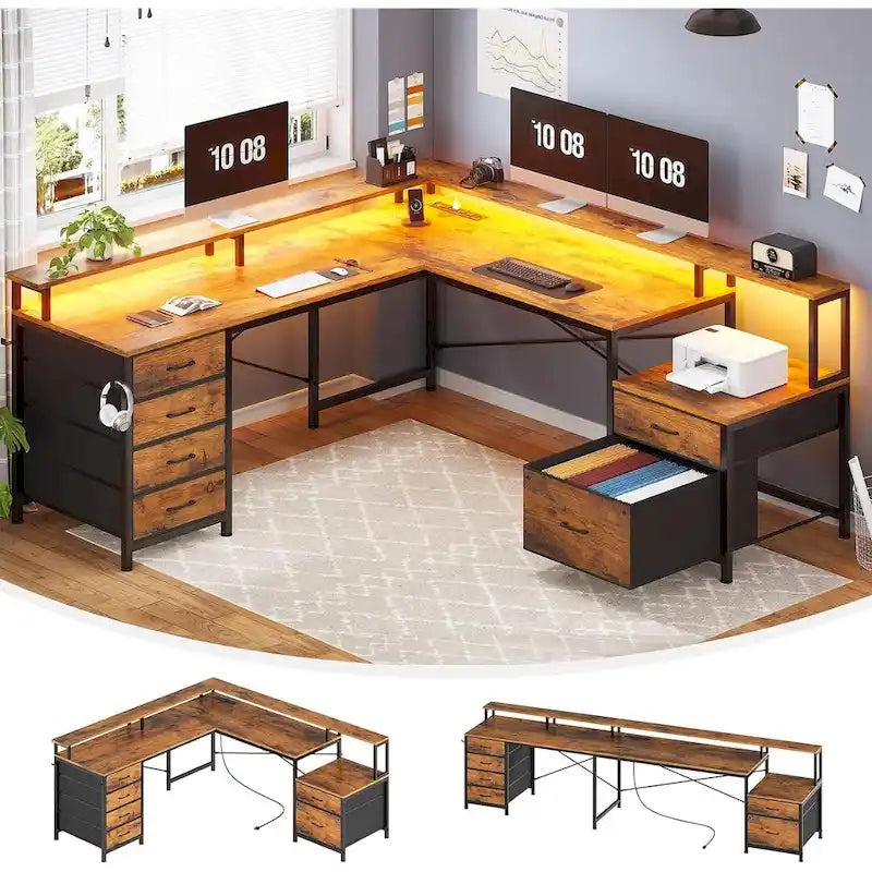 L Shaped Home Office Desk with 6 Drawer File Drawer Power Outlet