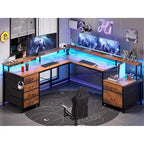 L Shaped Home Office Desk with 6 Drawer File Drawer Power Outlet