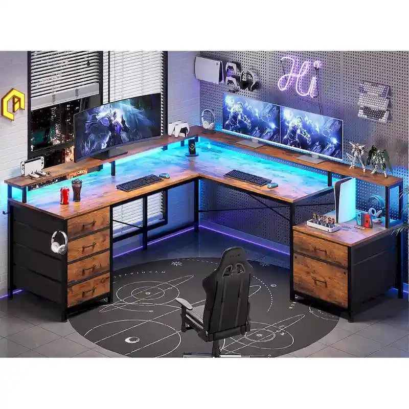 L Shaped Home Office Desk with 6 Drawer File Drawer Power Outlet