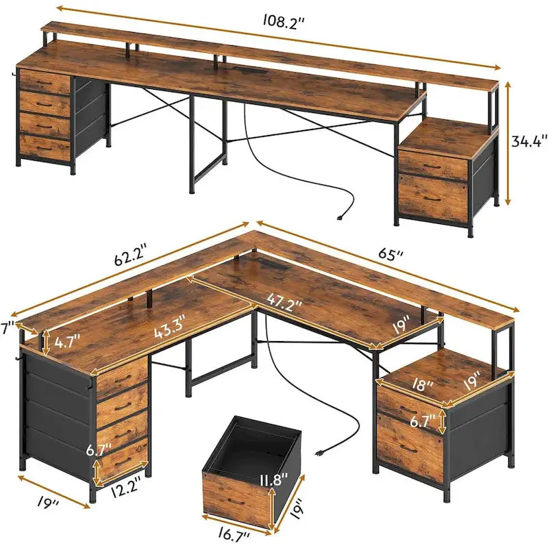 L Shaped Home Office Desk with 6 Drawer File Drawer Power Outlet