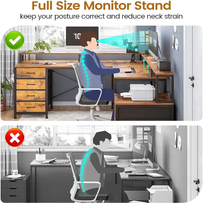 L Shaped Home Office Desk with 6 Drawer File Drawer Power Outlet