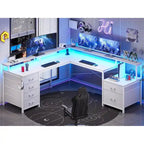 L Shaped Home Office Desk with 6 Drawer File Drawer Power Outlet