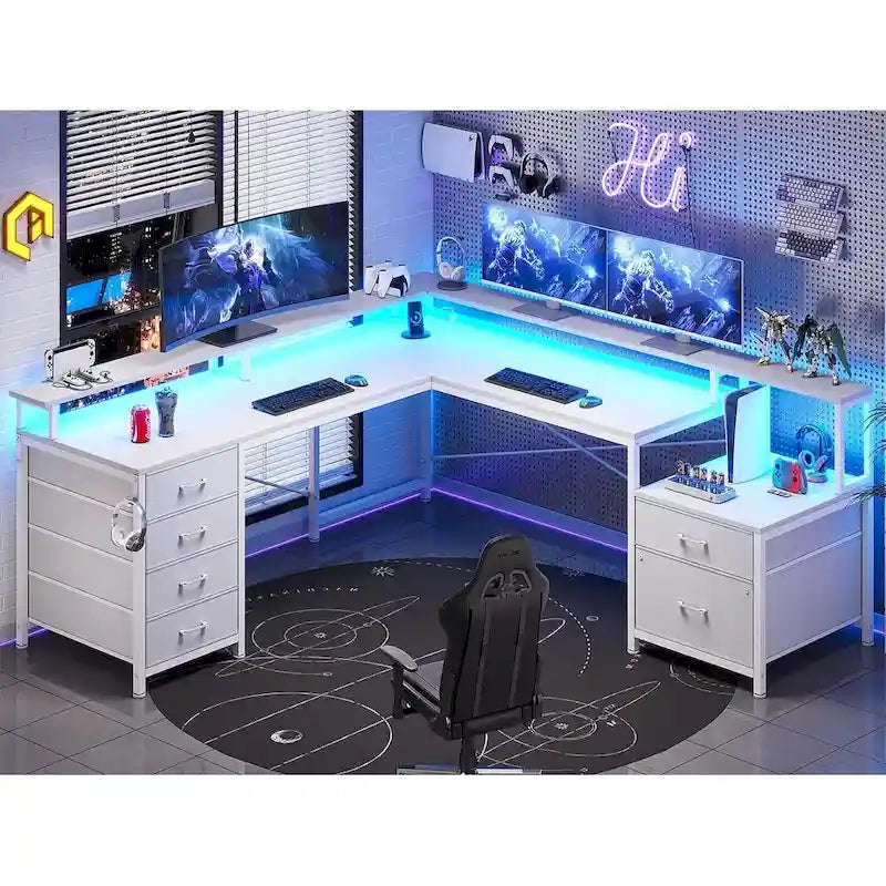 L Shaped Home Office Desk with 6 Drawer File Drawer Power Outlet