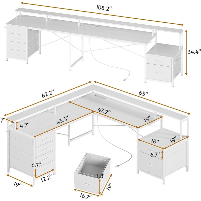 L Shaped Home Office Desk with 6 Drawer File Drawer Power Outlet