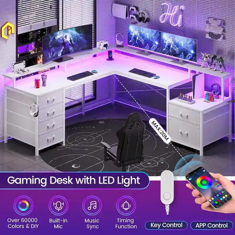 L Shaped Home Office Desk with 6 Drawer File Drawer Power Outlet