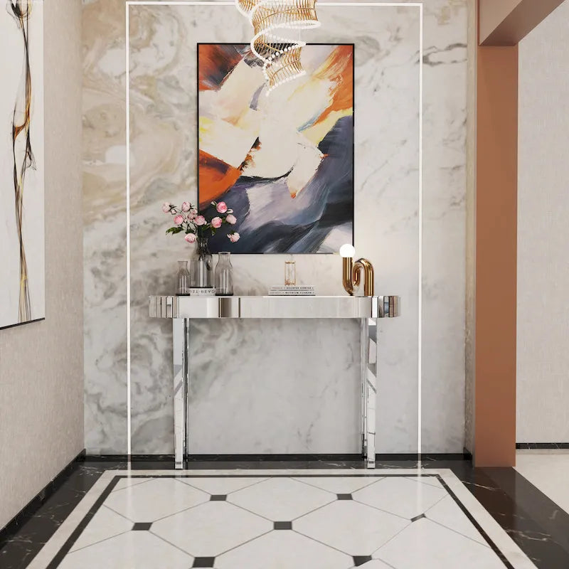 Table console miroir, table d'entrée argentée - 120x32x80 cm