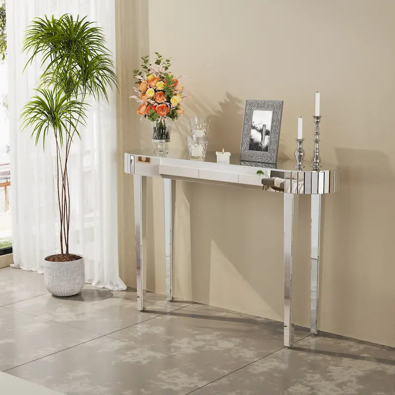 Table console miroir, table d'entrée argentée - 120x32x80 cm