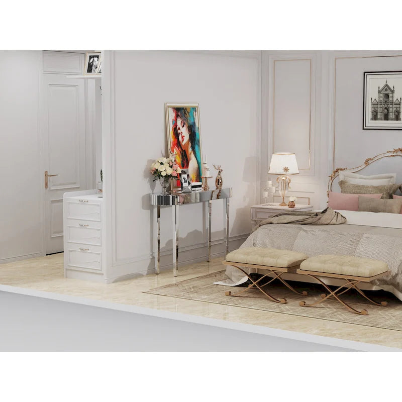 Table console miroir, table d'entrée argentée - 120x32x80 cm