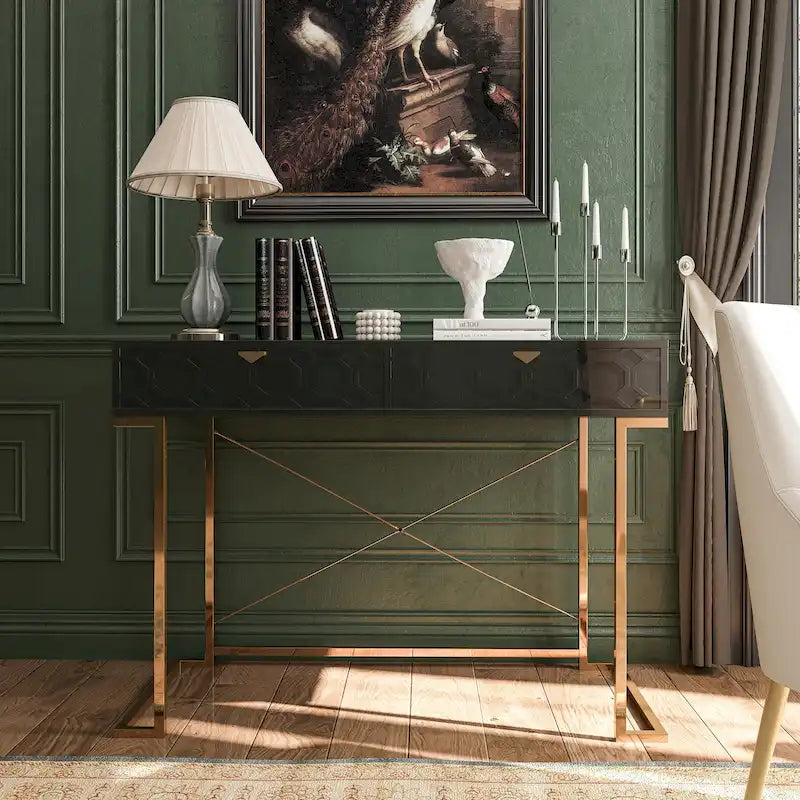Clihome Glossy Home Office Writing Desk with Storage Drawers