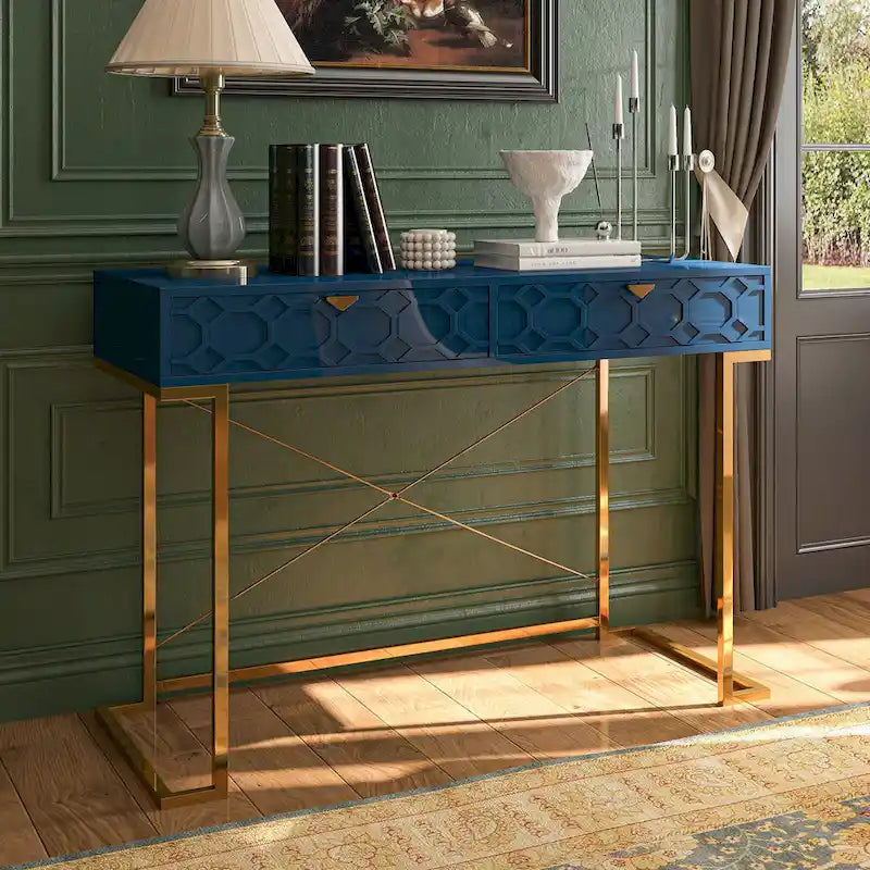 Clihome Glossy Home Office Writing Desk with Storage Drawers
