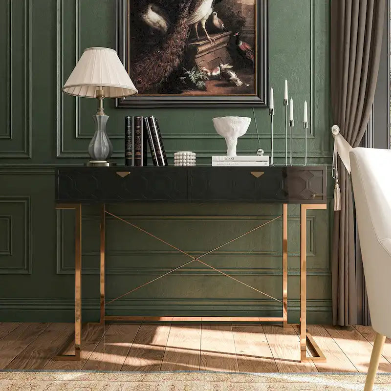 Clihome Glossy Home Office Writing Desk with Storage Drawers