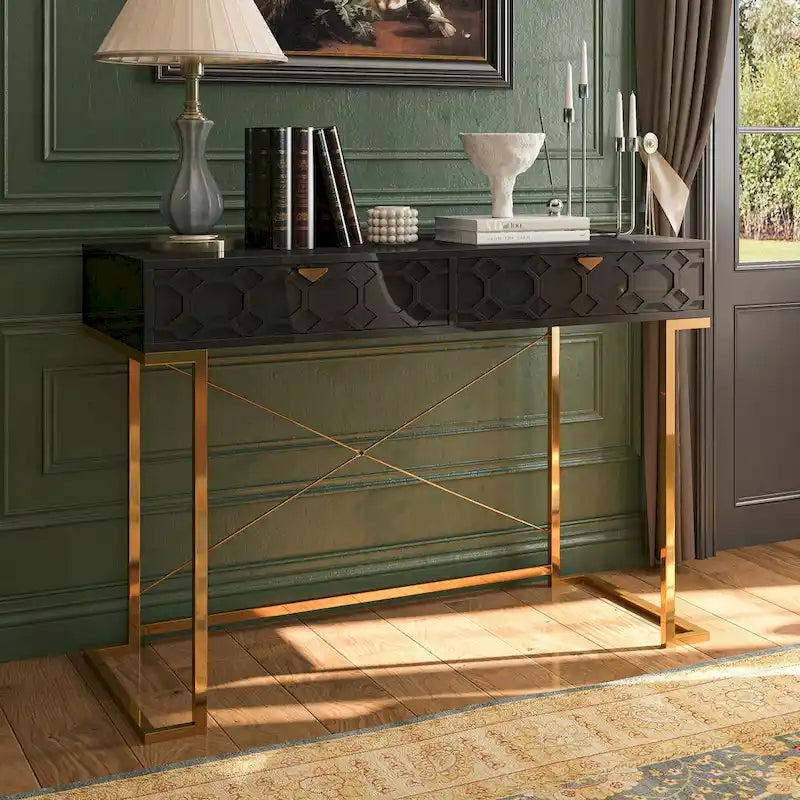 Clihome Glossy Home Office Writing Desk with Storage Drawers
