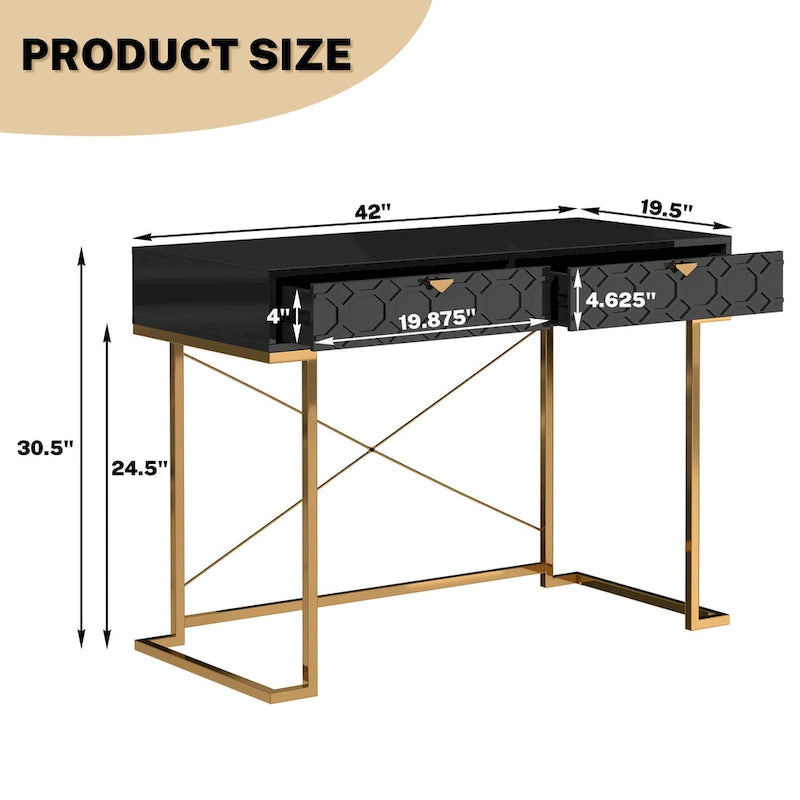 Clihome Glossy Home Office Writing Desk with Storage Drawers