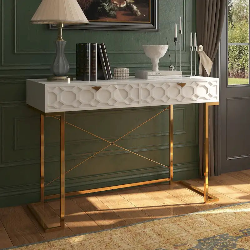 Clihome Glossy Home Office Writing Desk with Storage Drawers