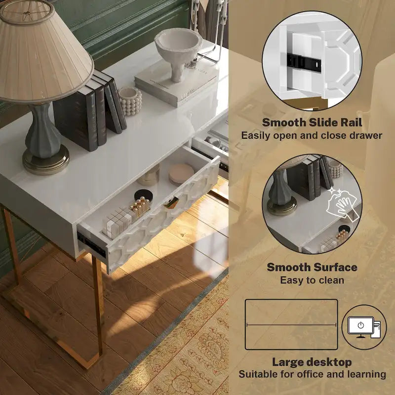 Clihome Glossy Home Office Writing Desk with Storage Drawers