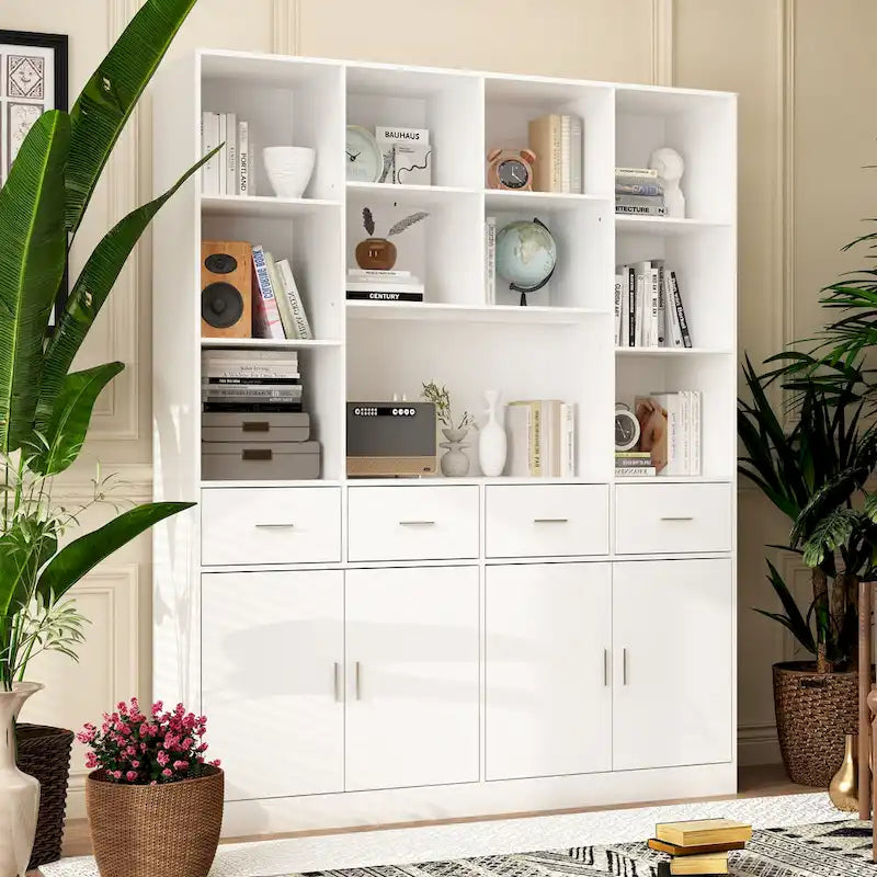 Bookshelf Bookcase with 4 Doors,4 Drawers & Storage Shelve,Black - 78.7H