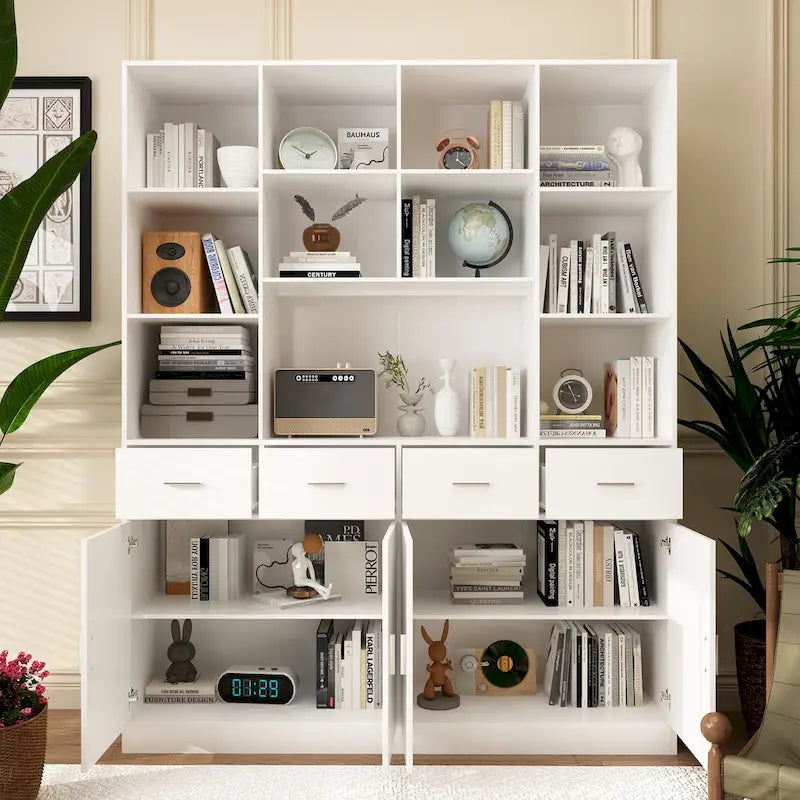 Bookshelf Bookcase with 4 Doors,4 Drawers & Storage Shelve,Black - 78.7H
