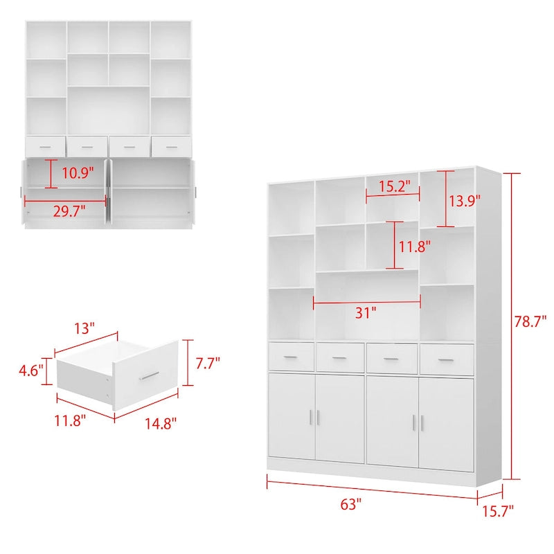 Bookshelf Bookcase with 4 Doors,4 Drawers & Storage Shelve,Black - 78.7H