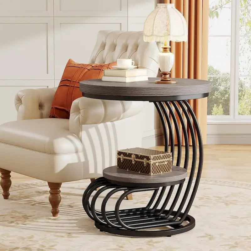 Gold Round End Table, 2 Tiers Side Table with White Faux Marble Top
