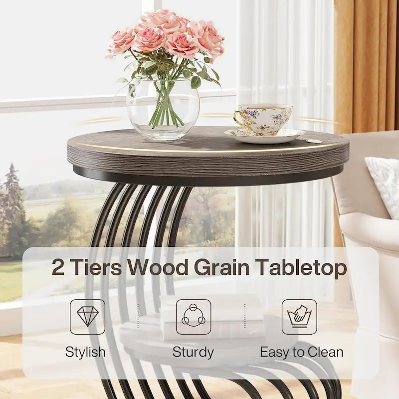 Gold Round End Table, 2 Tiers Side Table with White Faux Marble Top