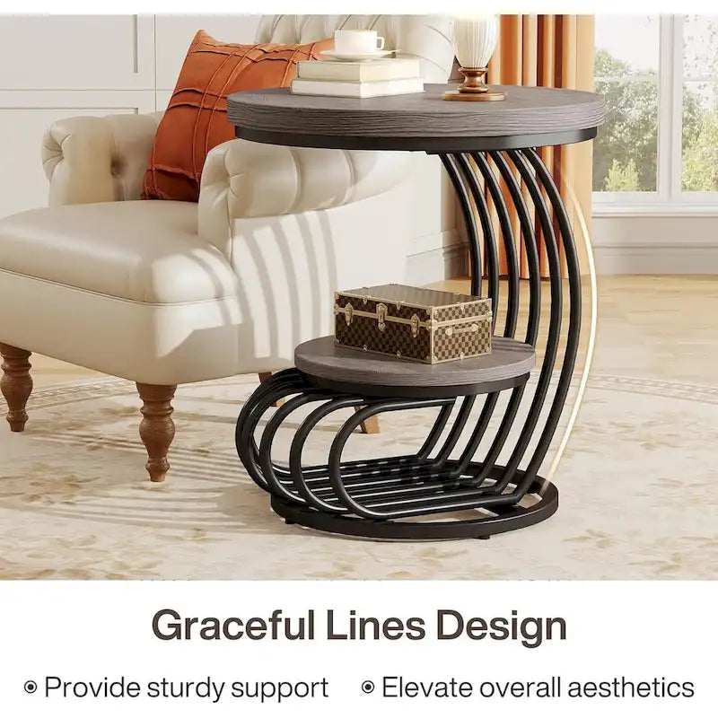 Gold Round End Table, 2 Tiers Side Table with White Faux Marble Top