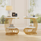Gold Round End Table, 2 Tiers Side Table with White Faux Marble Top
