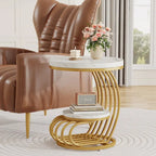Gold Round End Table, 2 Tiers Side Table with White Faux Marble Top