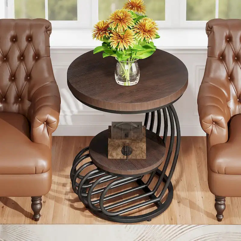 Gold Round End Table, 2 Tiers Side Table with White Faux Marble Top