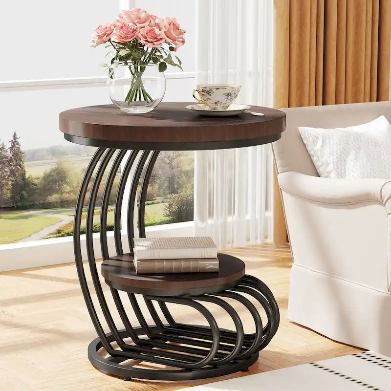 Gold Round End Table, 2 Tiers Side Table with White Faux Marble Top