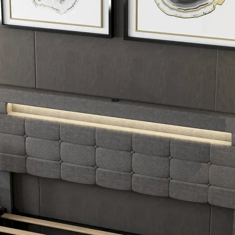 Lit Queen avec Tiroirs de Rangement Tête de Lit Réglable et Lumières LED
