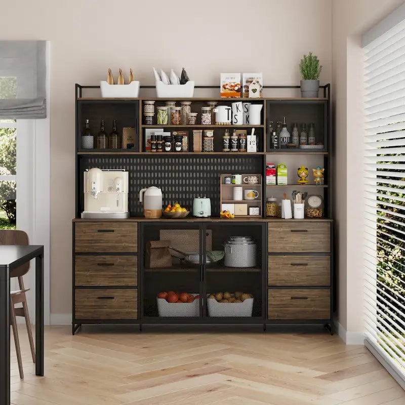 Grand buffet de cuisine, garde-manger avec portes en métal, 6 tiroirs et étagères - 70,9W