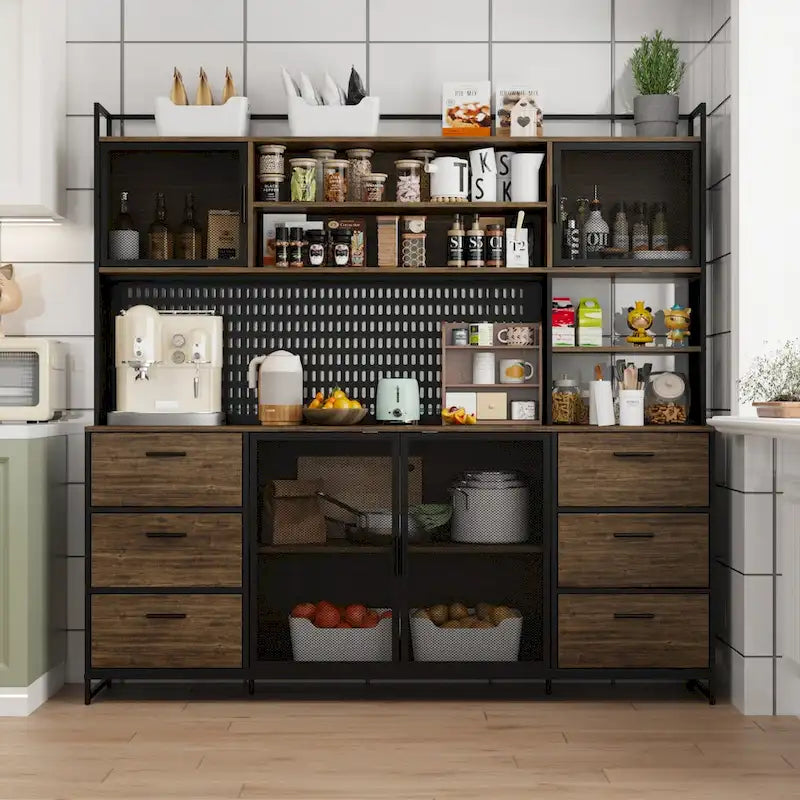 Grand buffet de cuisine, garde-manger avec portes en métal, 6 tiroirs et étagères - 70,9W