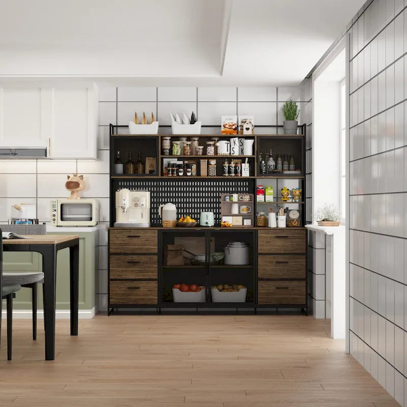 Grand buffet de cuisine, garde-manger avec portes en métal, 6 tiroirs et étagères - 70,9W
