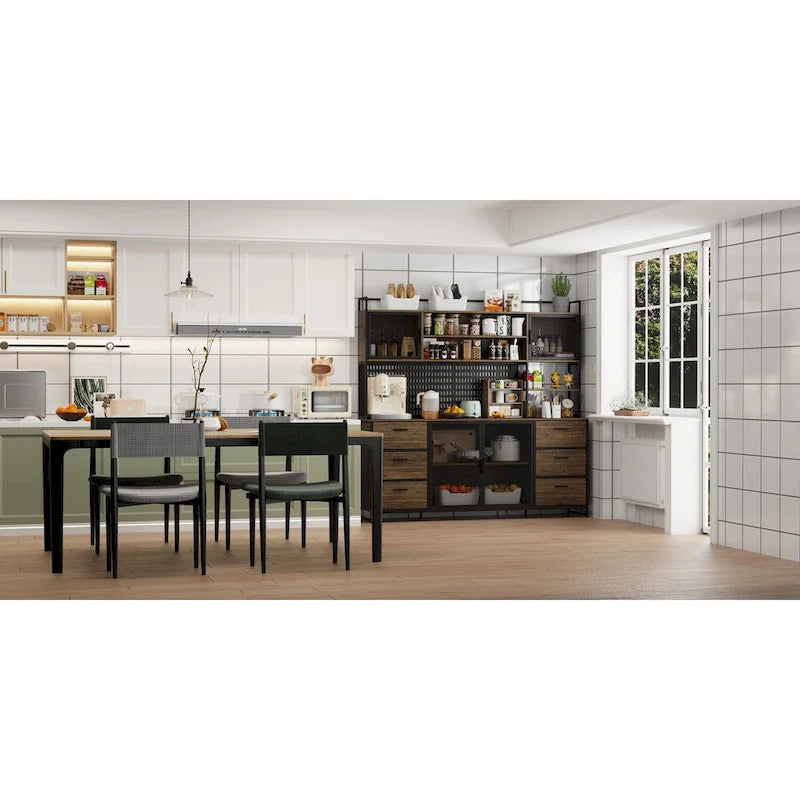 Grand buffet de cuisine, garde-manger avec portes en métal, 6 tiroirs et étagères - 70,9W
