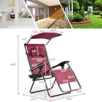 Chaise longue inclinable portable avec pare-soleil, porte-gobelet et conception pliable - Rouge foncé