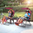 Chaise longue inclinable portable avec pare-soleil, porte-gobelet et conception pliable - Rouge foncé