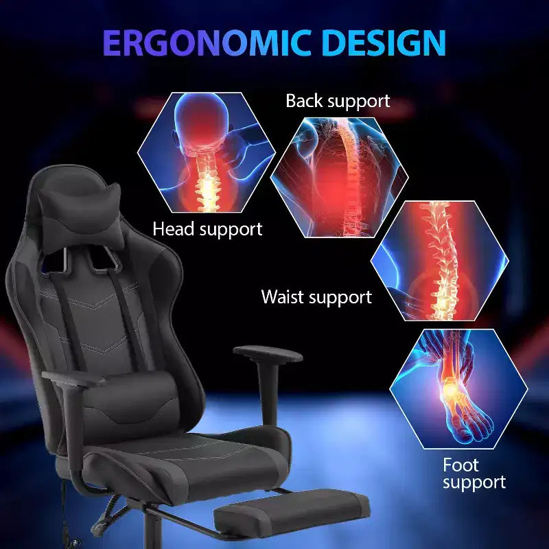 FDW Chaise de jeu de course, Chaises de jeu vidéo avec bureau d'ordinateur, Support lombaire et appui-tête en cuir PU, Siège pivotant à 360°