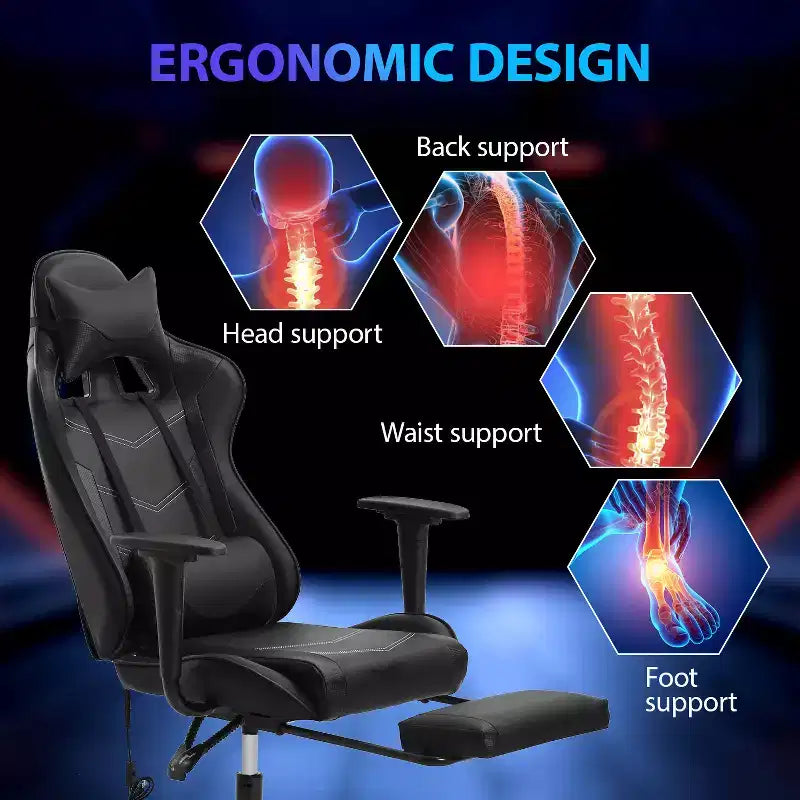 FDW Chaise de jeu de course, Chaises de jeu vidéo avec bureau d'ordinateur, Support lombaire et appui-tête en cuir PU, Siège pivotant à 360°