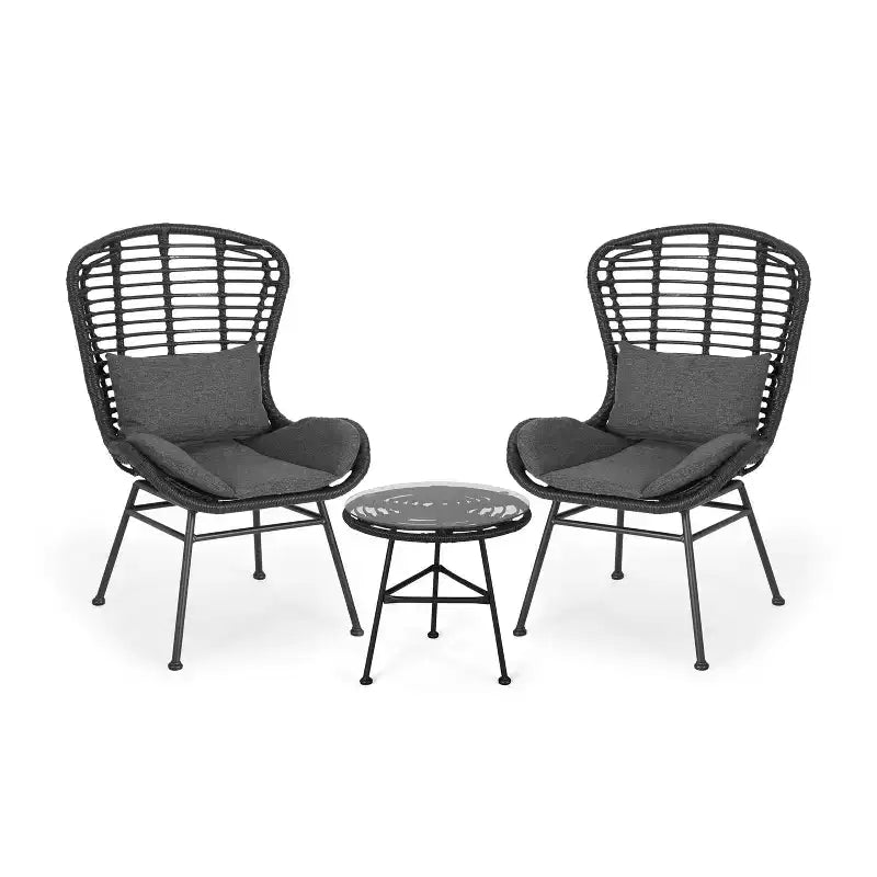 GDFStudio Cowan Outdoor Wicker and Glass 3 Piece Chat Set with Cushions, Gray, Dark Gray, and Black