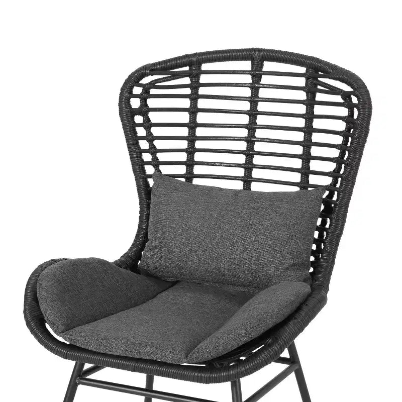 GDFStudio Cowan Outdoor Wicker and Glass 3 Piece Chat Set with Cushions, Gray, Dark Gray, and Black