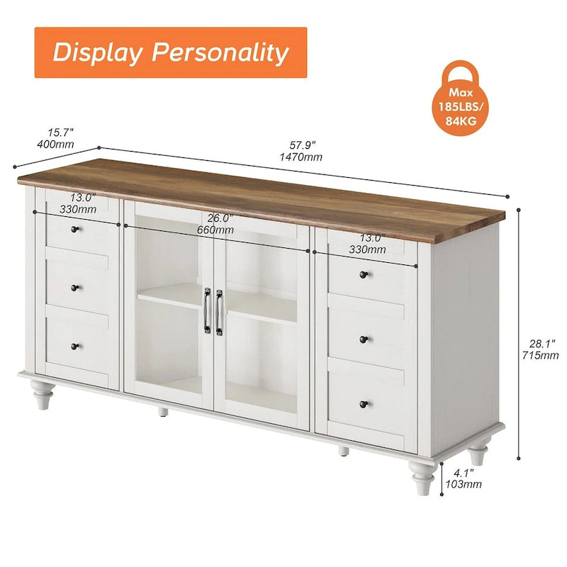 Meuble TV WAMPAT style ferme avec portes vitrées, pour téléviseurs jusqu'à 110 pouces, meuble de rangement moderne