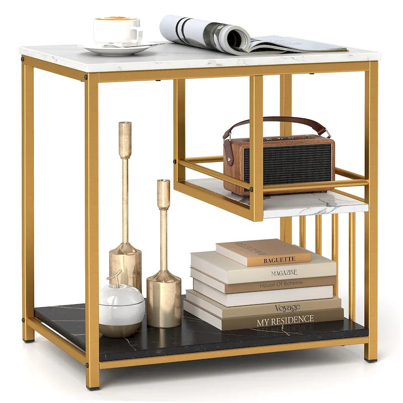 Gymax End Table 3-Tier Faux Marble Side Table w/ Storage Shelves