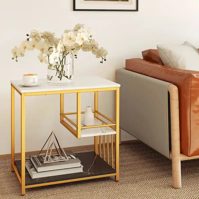 Gymax End Table 3-Tier Faux Marble Side Table w/ Storage Shelves