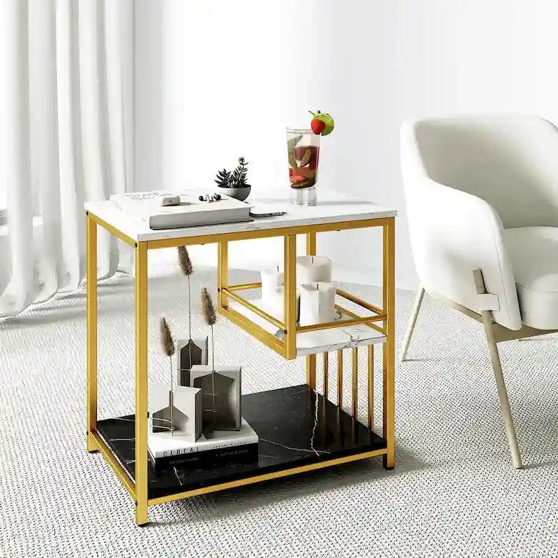 Gymax End Table 3-Tier Faux Marble Side Table w/ Storage Shelves