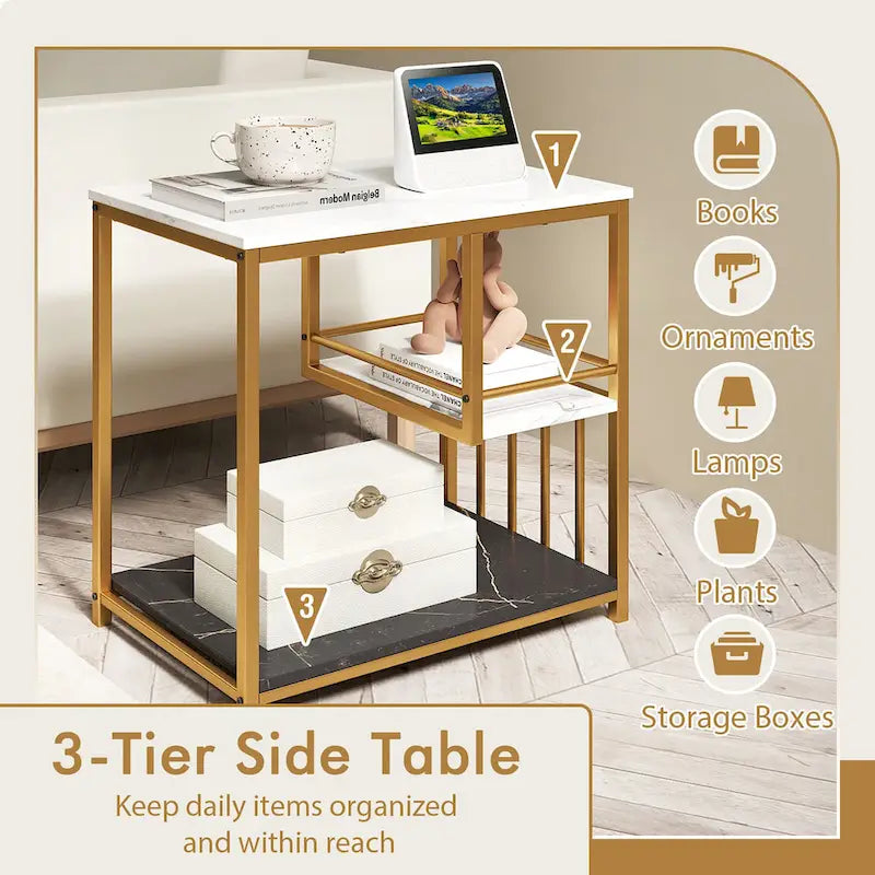 Gymax End Table 3-Tier Faux Marble Side Table w/ Storage Shelves